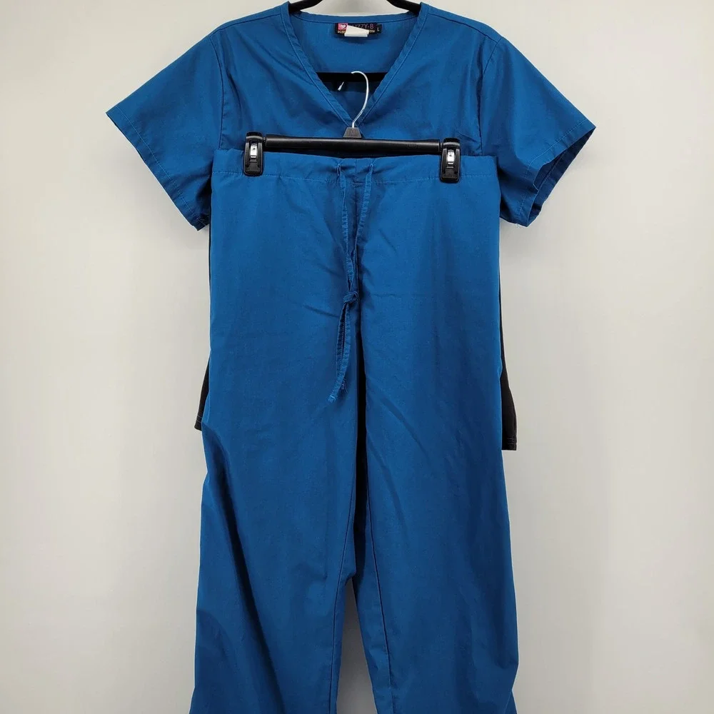 Lizzy-B Scrub Collection Womens L Blue Black V-Neck Top and Pants Set Medical